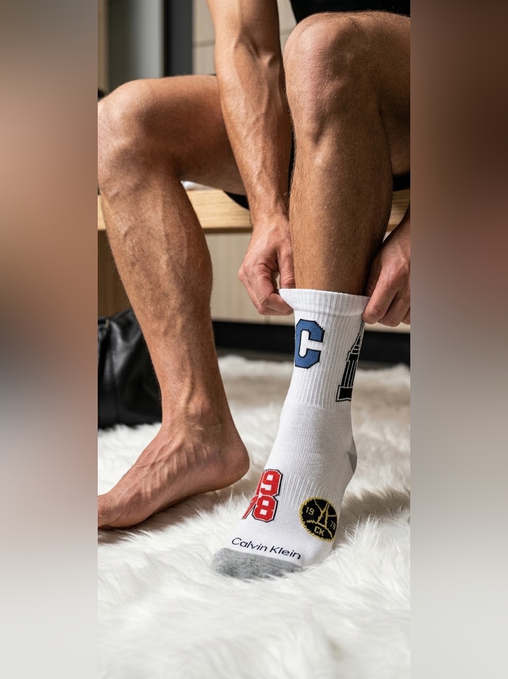 Calvin Klein Rare White Crew Socks with Blue 'C’ & ‘1978’ Skyscraper Graphics